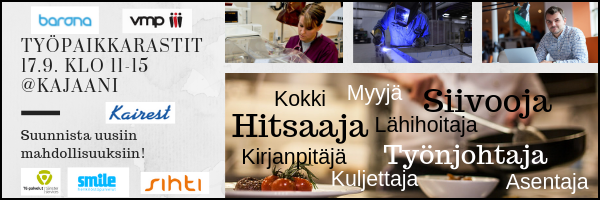 Esitekuva Työpaikkarastit-tapahtumasta, joka järjestetään Kajaanissa tiistaina 17.9. klo 11-15