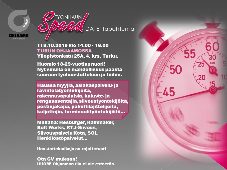 Kuva: Tapahtumamainos, Työnhaun speed date, kello, tekstiä