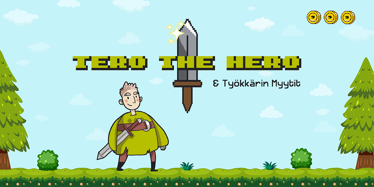 Piirroshahmo Tero the Hero seisoo metsässä miekan kanssa.